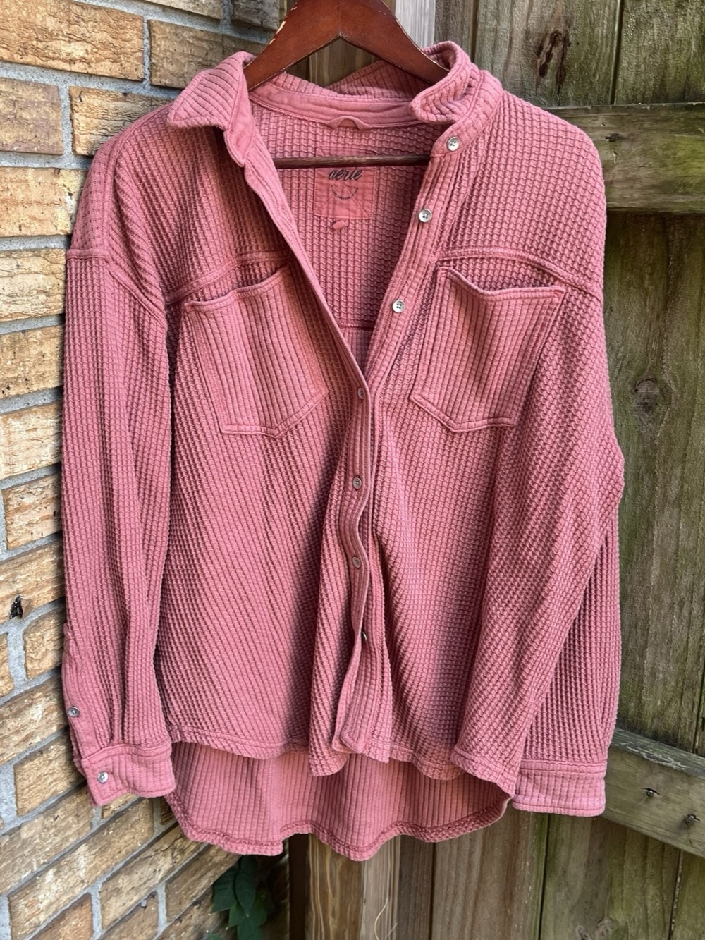 Aerie Oversized LumberJane Waffle Knit Shirt Jacket in Pink/Red